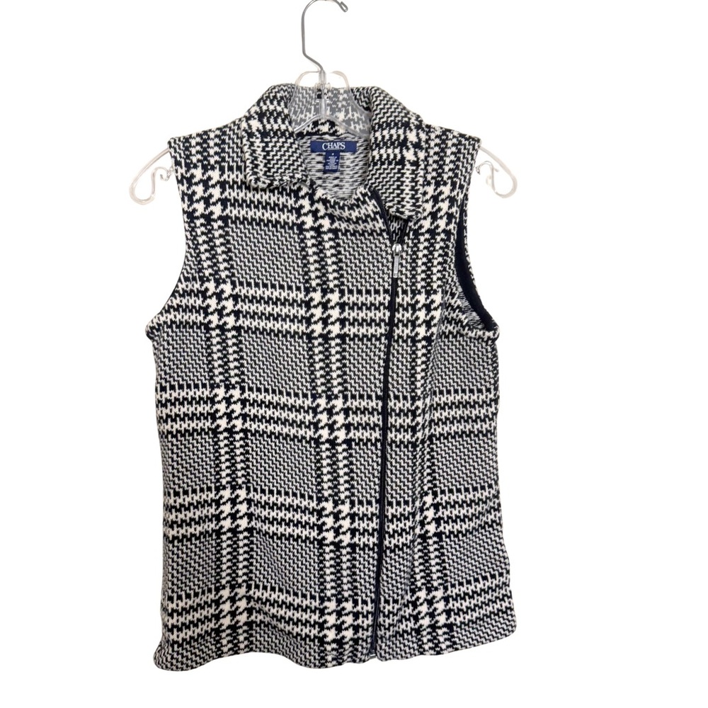 Chaps Black and White Knitted Houndstooth Zip Up Sweater Vest Size Medium Mature